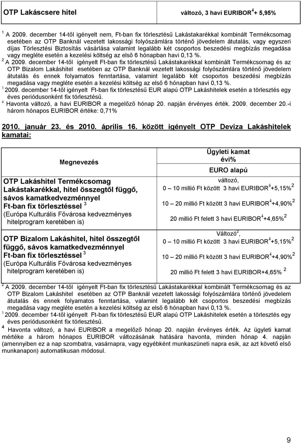 Törlesztési Biztosítás vásárlása valamint legalább két csoportos beszedési megbízás megadása vagy megléte esetén a kezelési költség az első 6 hónapban havi 0,13 %. 2 A 2009.