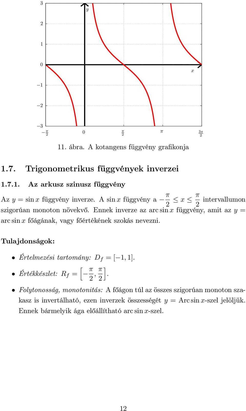 Ennek inverze az arc sin függvén, amit az = arc sin főágának, vag főértékének szokás nevezni. Tulajdonságok: Értelmezési tartomán: D f = [,].