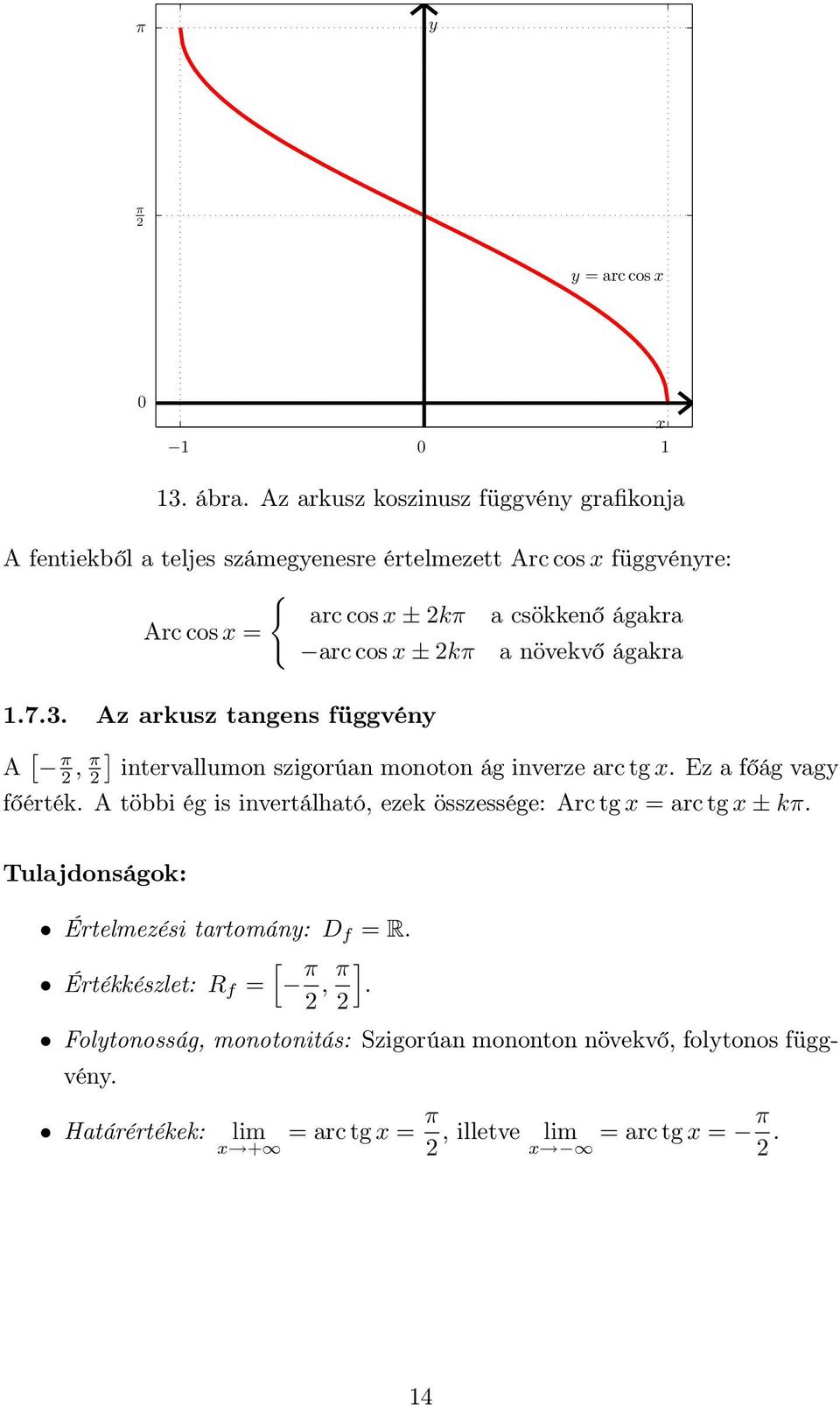 arc cos ± kπ a növekvő ágakra.7.3. Az arkusz tangens függvén A [ π, ] π intervallumon szigorúan monoton ág inverze arc tg. Ez a főág vag főérték.