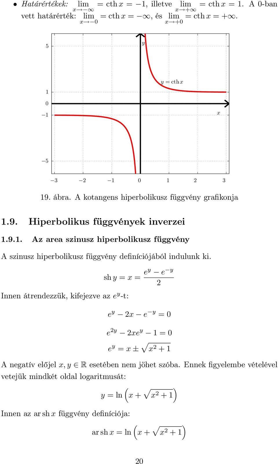 Hiperbolikus függvének inverzei.9.. Az area szinusz hiperbolikusz függvén A szinusz hiperbolikusz függvén definíciójából indulunk ki.