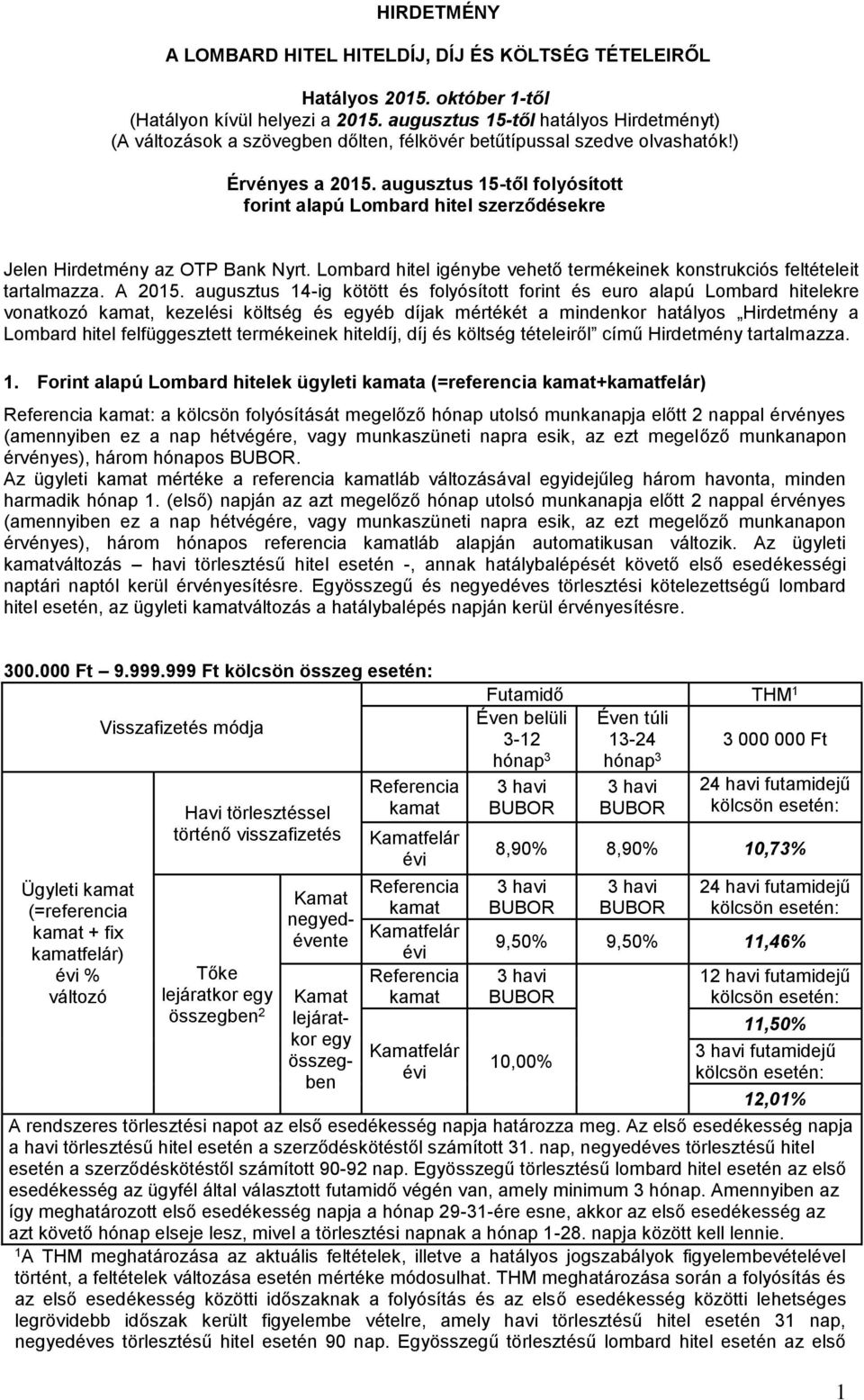 augusztus 15-től folyósított forint alapú Lombard hitel szerződésekre Jelen Hirdetmény az OTP Bank Nyrt. Lombard hitel igénybe vehető termékeinek konstrukciós feltételeit tartalmazza. A 2015.