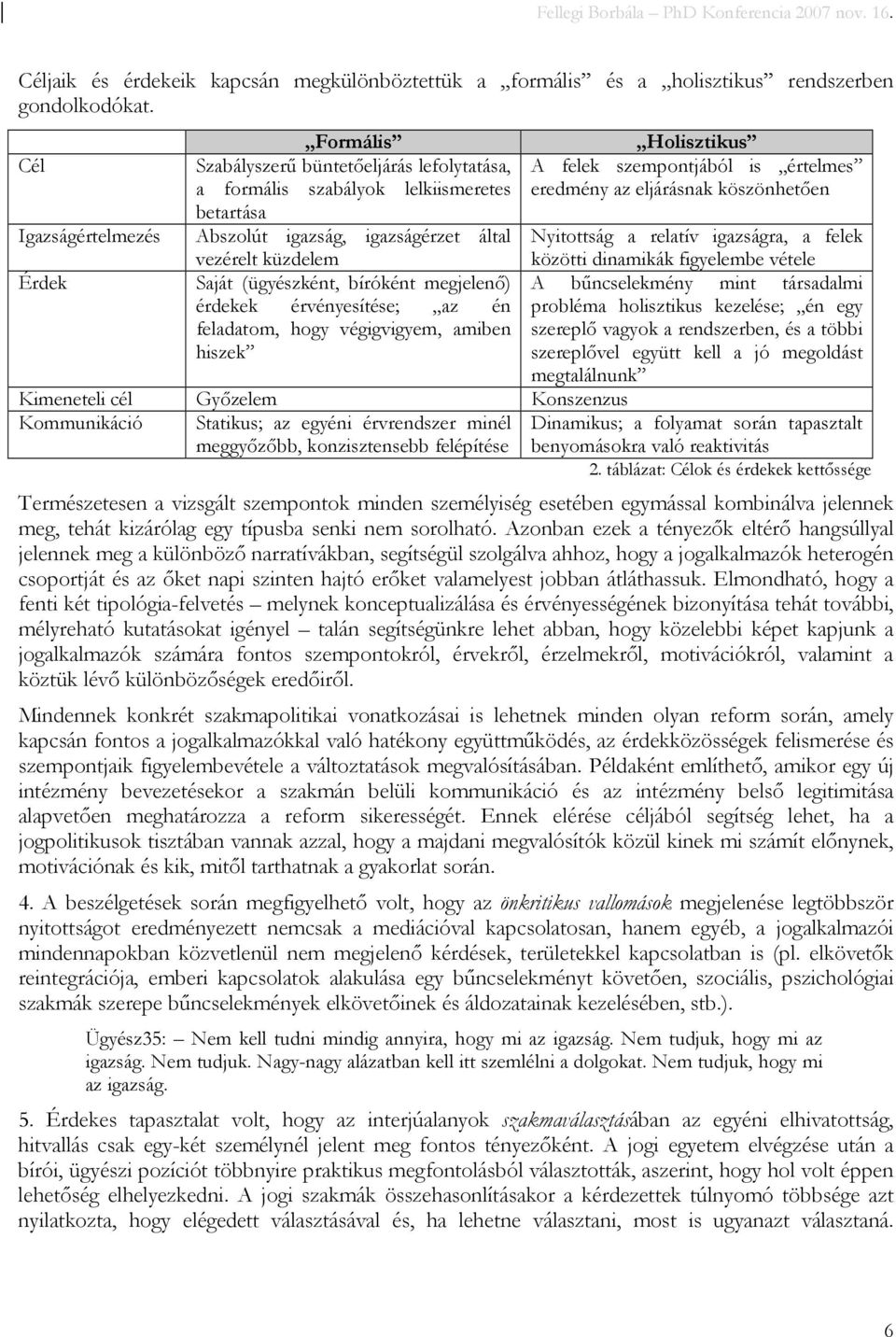 Igazságértelmezés Abszolút igazság, igazságérzet által vezérelt küzdelem Nyitottság a relatív igazságra, a felek közötti dinamikák figyelembe vétele Érdek Saját (ügyészként, bíróként megjelenı) A