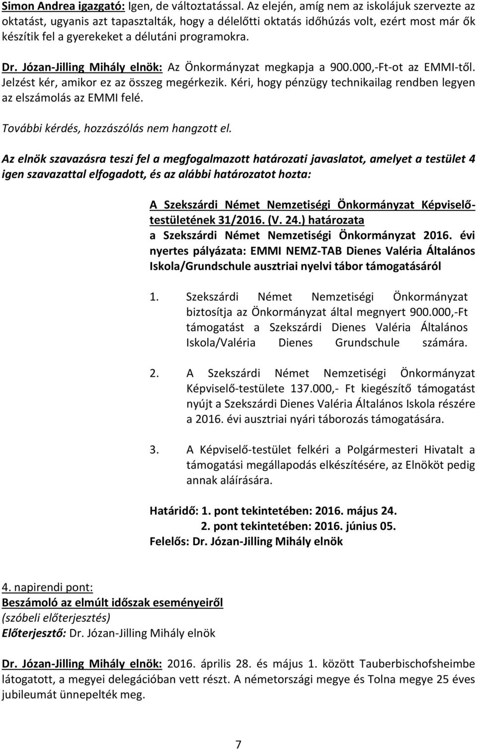 Józan-Jilling Mihály elnök: Az Önkormányzat megkapja a 900.000,-Ft-ot az EMMI-től. Jelzést kér, amikor ez az összeg megérkezik.