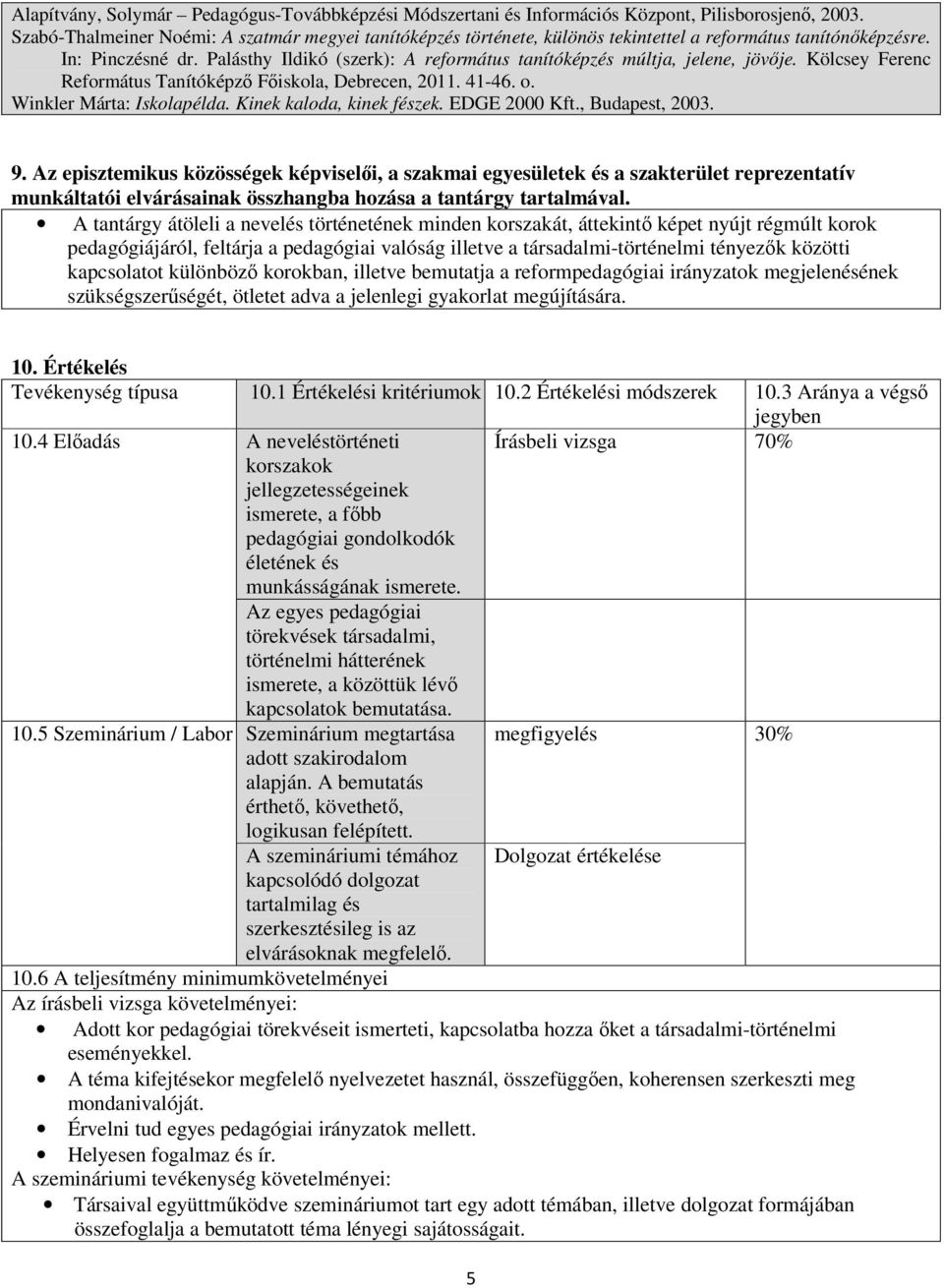 Palásthy Ildikó (szerk): A református tanítóképzés múltja, jelene, jövője. Kölcsey Ferenc Református Tanítóképző Főiskola, Debrecen, 2011. 41-46. o. Winkler Márta: Iskolapélda.