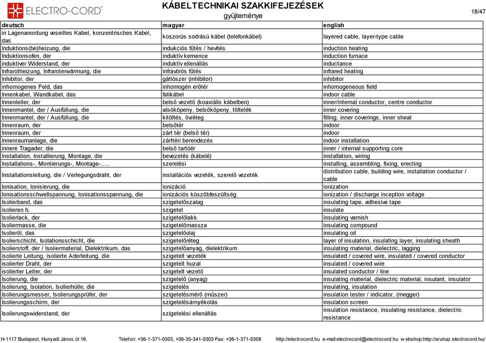 Inhibitor, der gátlószer (inhibitor) inhibitor inhomogenes Feld, das inhomogén erőtér inhomogeneous field Innenkabel, Wandkabel, das falikábel indoor cable Innenleiter, der belső vezető (koaxiális