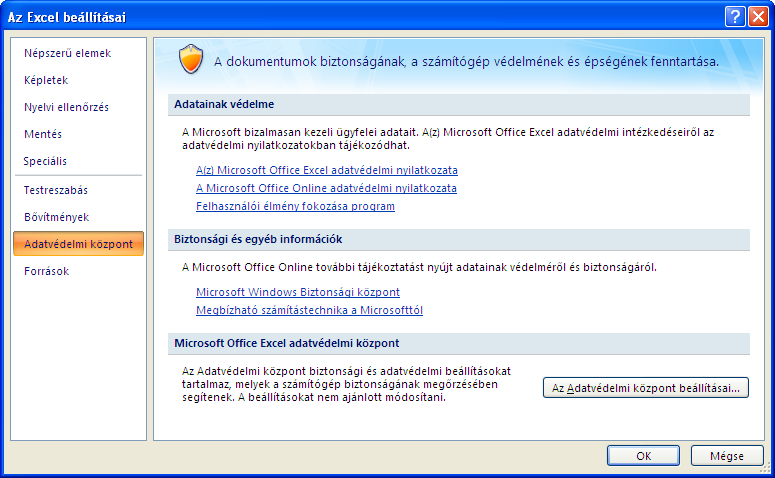 Minden esetben ellenőrizze, hogy a makrók engedélyezettek-e, az Office gombra majd az Excel beállításai gombra kattintva, válassza ki az Adatvédelmi központ -ot majd azon belül Az