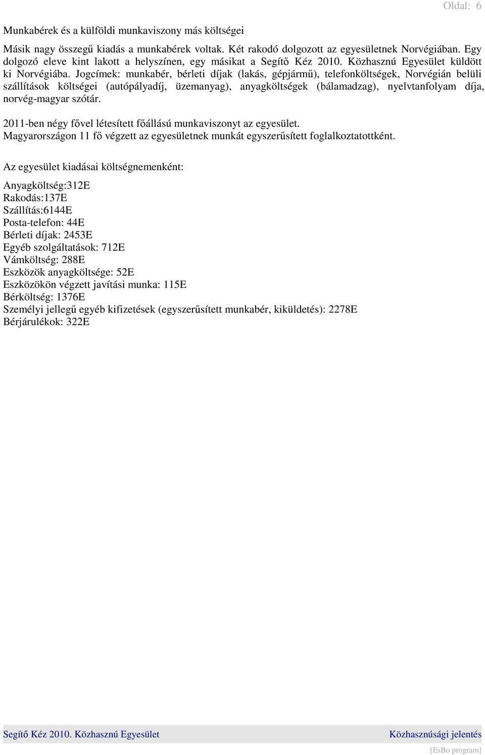 Jogcímek: munkabér, bérleti díjak (lakás, gépjármű), telefonköltségek, Norvégián belüli szállítások költségei (autópályadíj, üzemanyag), anyagköltségek (bálamadzag), nyelvtanfolyam díja,