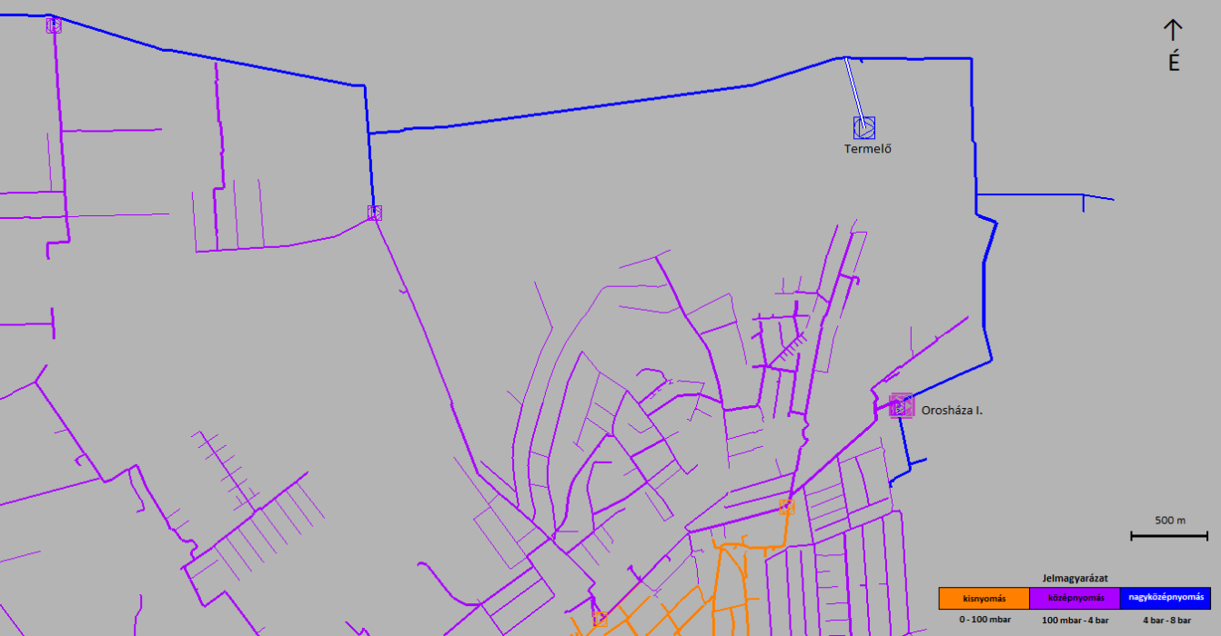 2.4.-1. ábra a kikapcsolt Orosháza I. es gázátadó állomás és a létesítendő vezeték nyomvonala. 2.4.-1 táblázat A gázáramok különböző nyomásfokozatok,vezetékátmérők és külső hőmérséklet esetén.