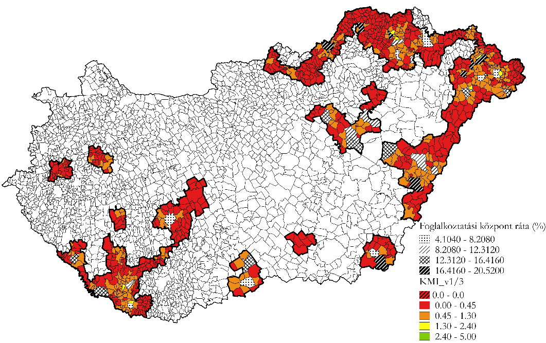 3. ábra A HH-térség településeinek korrigált mobilitási foka a hátrányos helyzetű csoportok relációjában, három közlekedési lehetőség figyelembe vételével (személygépjármű, busz, vonat), 86%-os