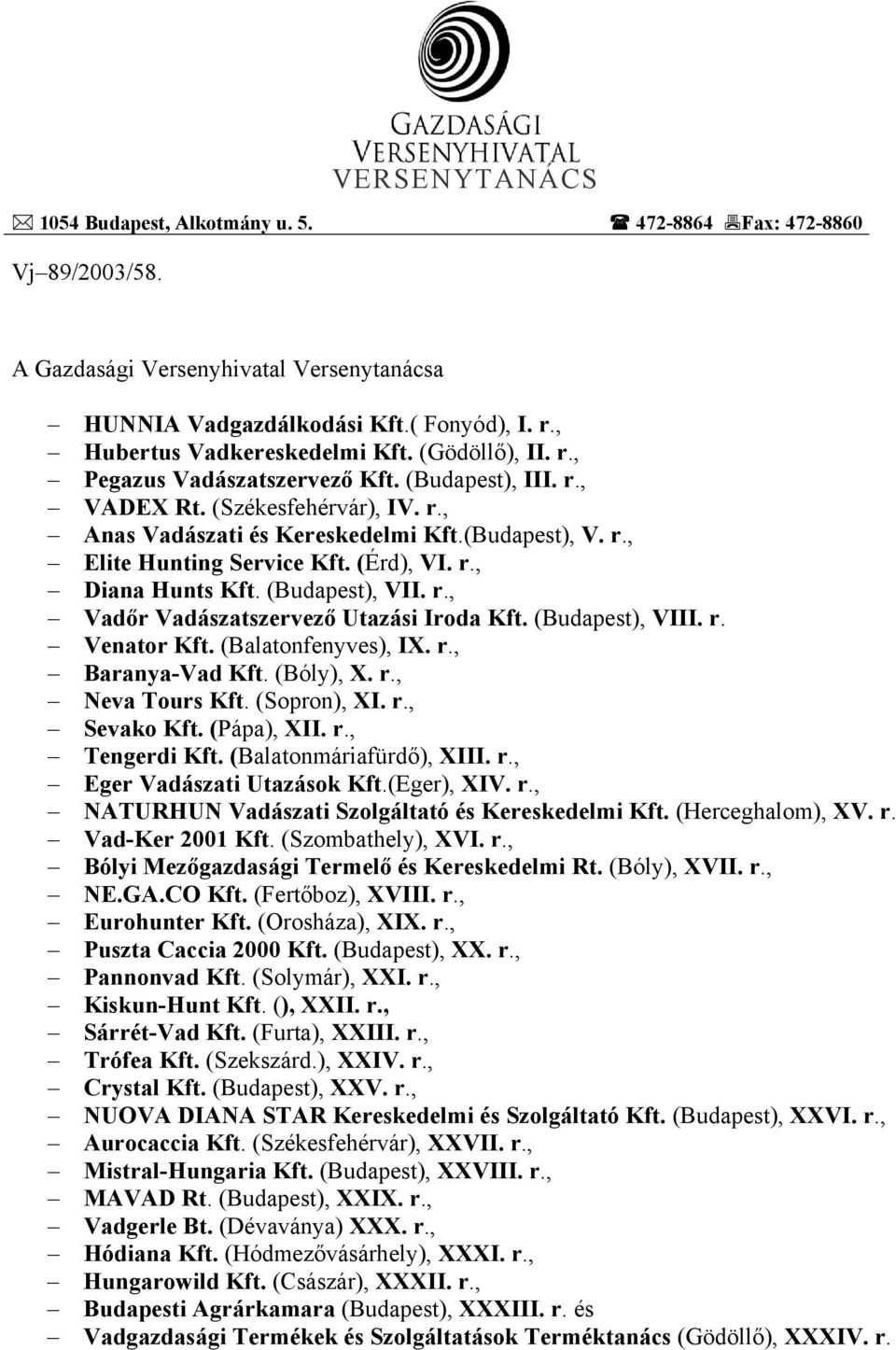 (Budapest), VII. r., Vadőr Vadászatszervező Utazási Iroda Kft. (Budapest), VIII. r. Venator Kft. (Balatonfenyves), IX. r., Baranya-Vad Kft. (Bóly), X. r., Neva Tours Kft. (Sopron), XI. r., Sevako Kft.