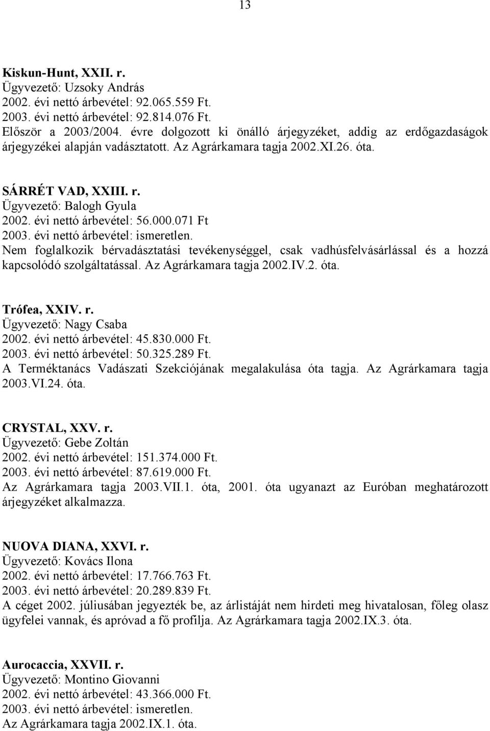 évi nettó árbevétel: 56.000.071 Ft 2003. évi nettó árbevétel: ismeretlen. Nem foglalkozik bérvadásztatási tevékenységgel, csak vadhúsfelvásárlással és a hozzá kapcsolódó szolgáltatással.