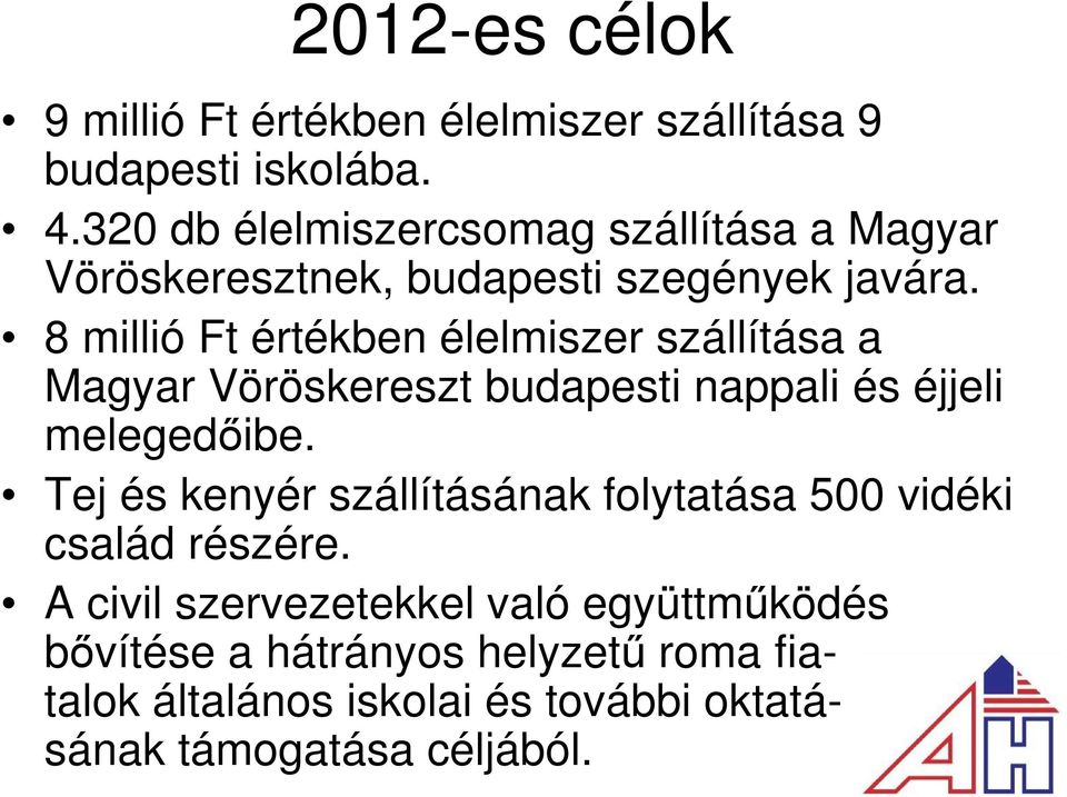 8 millió Ft értékben élelmiszer szállítása a Magyar Vöröskereszt budapesti nappali és éjjeli melegedőibe.