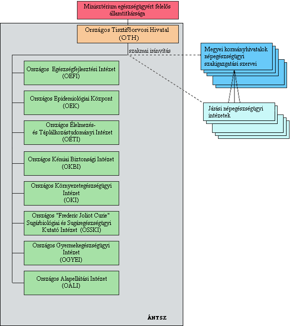 Központi költségvetési szerv Illetékességi területe egész országra kiterjed élén: országos tisztifőorvos áll felettese: az egészségügyi miniszter (Emberi Erőforrások M.