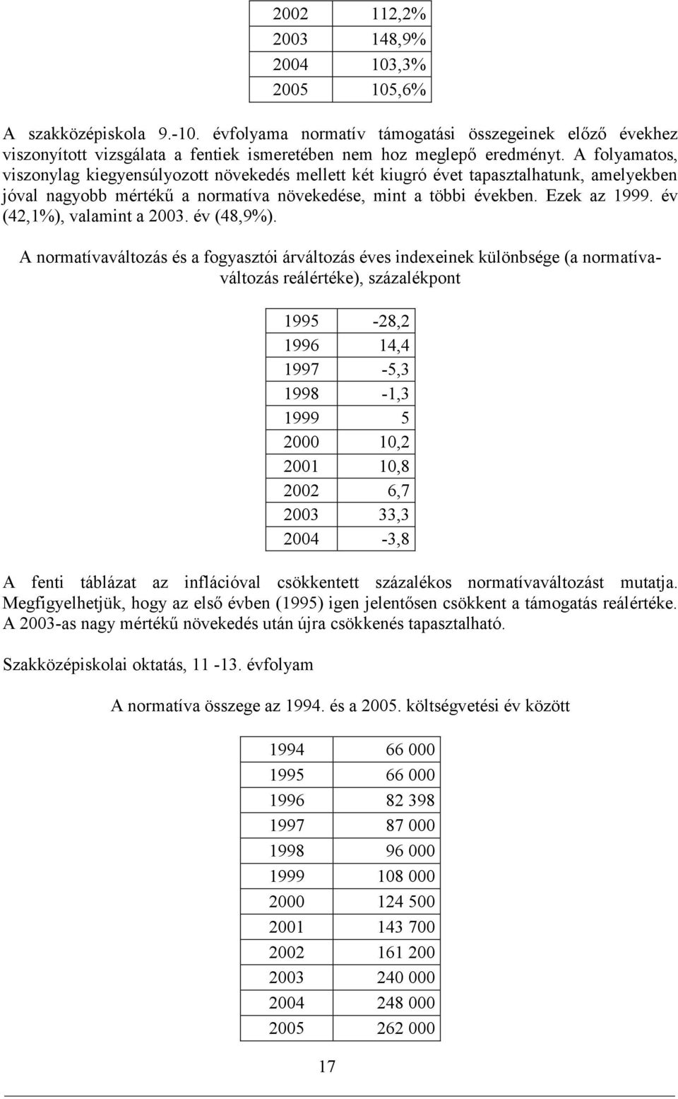 A folyamatos, viszonylag kiegyensúlyozott növekedés mellett két kiugró évet tapasztalhatunk, amelyekben jóval nagyobb mértékű a normatíva növekedése, mint a többi években. Ezek az 1999.