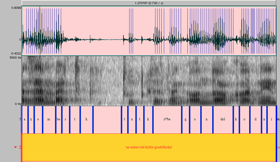 2.2. ábra Az ember tud közbe gondolkodni Újrakezdés A 2.3. ábrán egy újraindítással kezdődő közlés lenyomatát láthatjuk, a rövid hangidőtartamok és a nazálisok megnehezítik a szegmentálást.