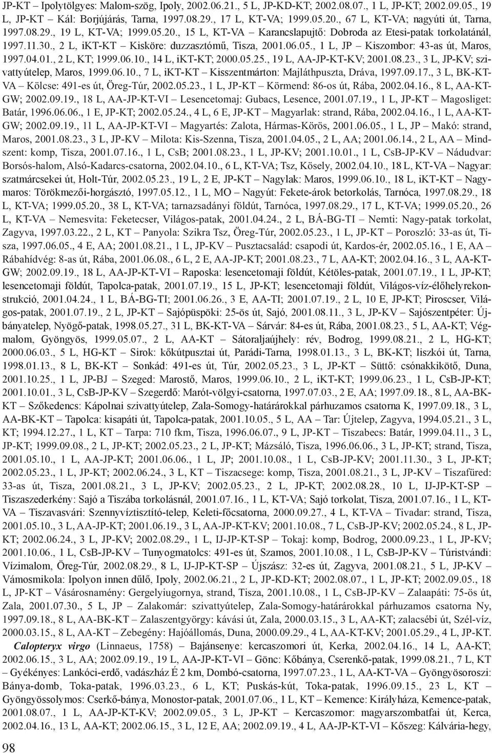 04.01., 2 L, KT; 1999.06.10., 14 L, ikt-kt; 2000.05.25., 19 L, AA-JP-KT-KV; 2001.08.23., 3 L, JP-KV; szivattyútelep, Maros, 1999.06.10., 7 L, ikt-kt Kisszentmárton: Majláthpuszta, Dráva, 1997.09.17.