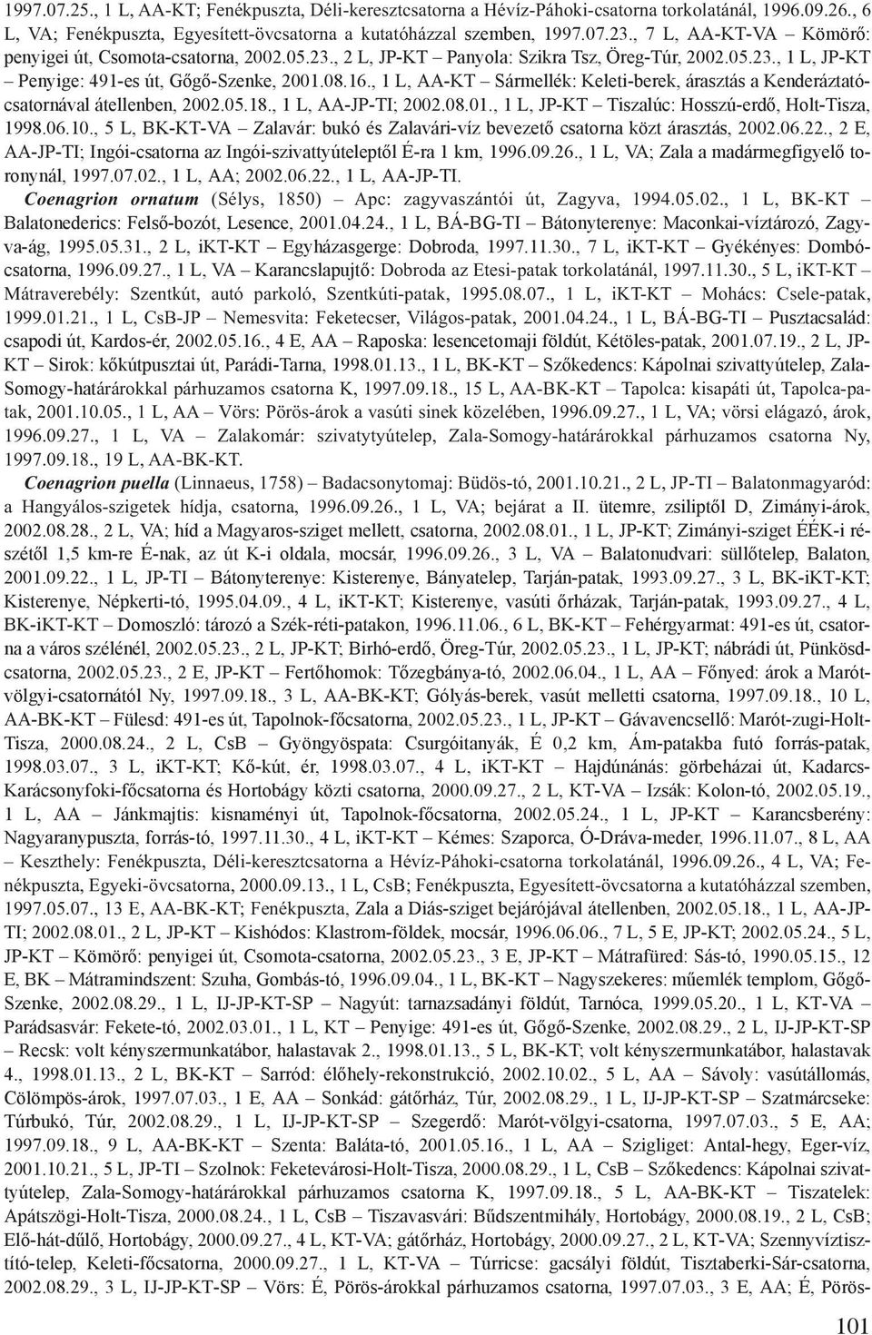 , 1 L, AA-KT Sármellék: Keleti-berek, árasztás a Kenderáztatócsatornával átellenben, 2002.05.18., 1 L, AA-JP-TI; 2002.08.01., 1 L, JP-KT Tiszalúc: Hosszú-erdő, Holt-Tisza, 1998.06.10.