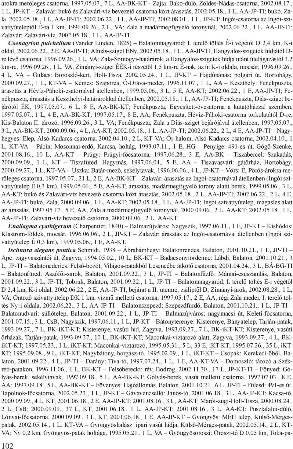 , 2 L, VA; Zala a madármegfigyelő toronynál, 2002.06.22., 1 L, AA-JP-TI; Zalavár: Zalavári-víz, 2002.05.18., 1 L, AA-JP-TI. Coenagrion pulchellum (Vander Linden, 1825) Balatonmagyaród: I.