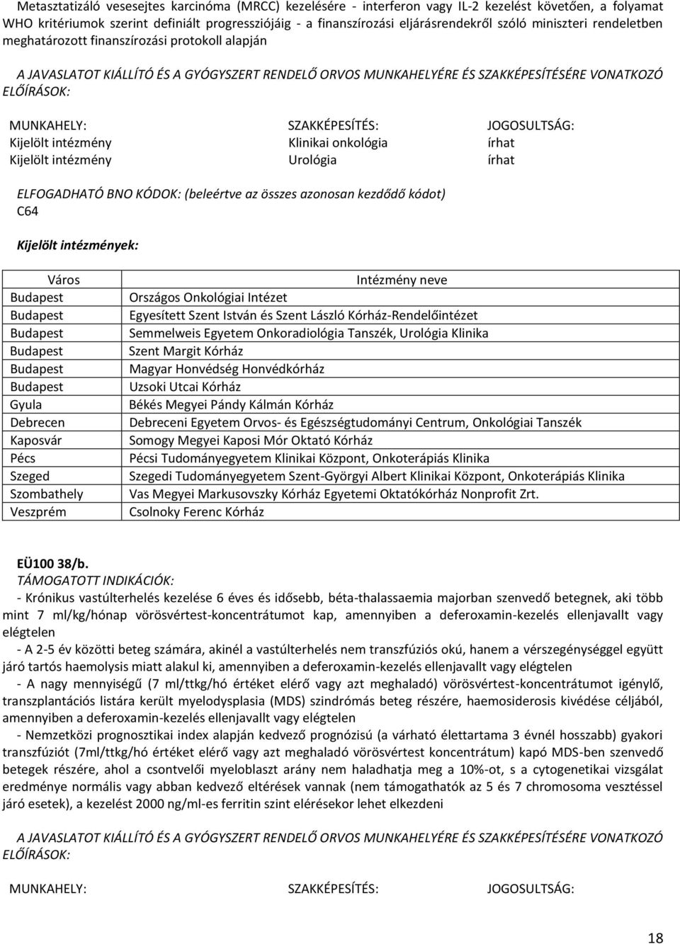 Egyesített Szent István és Szent László Kórház-Rendelőintézet Semmelweis Egyetem Onkoradiológia Tanszék, Urológia Klinika Szent Margit Kórház Uzsoki Utcai Kórház Békés Megyei Pándy Kálmán Kórház i