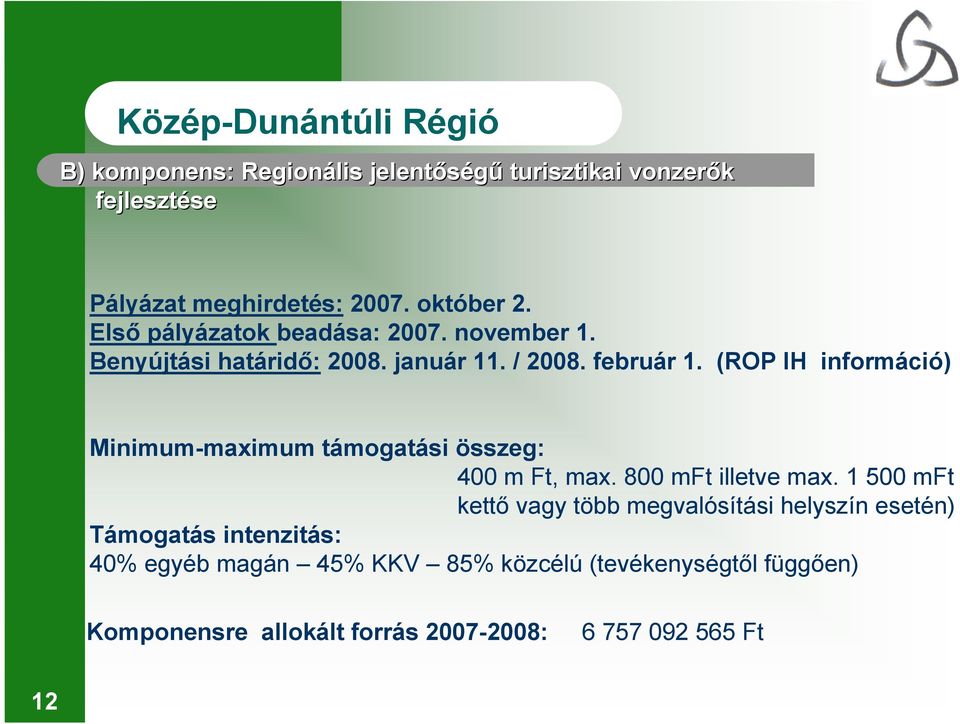 (ROP IH információ) Minimum-maximum támogatási összeg: 400 m Ft, max. 800 mft illetve max.