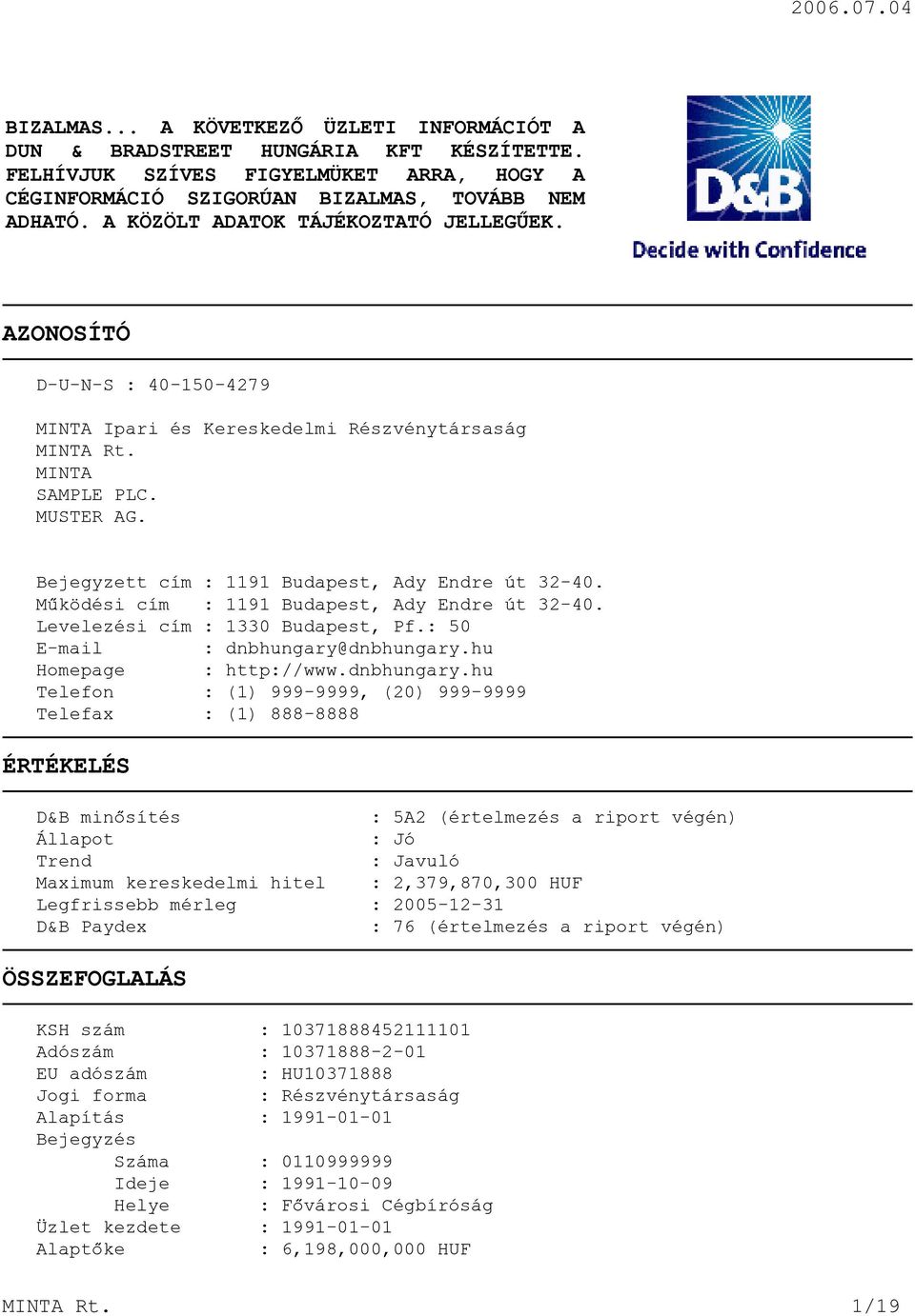 Mûködési cím : 1191 Budapest, Ady Endre út 32-40. Levelezési cím : 1330 Budapest, Pf.: 50 E-mail : dnbhungary@