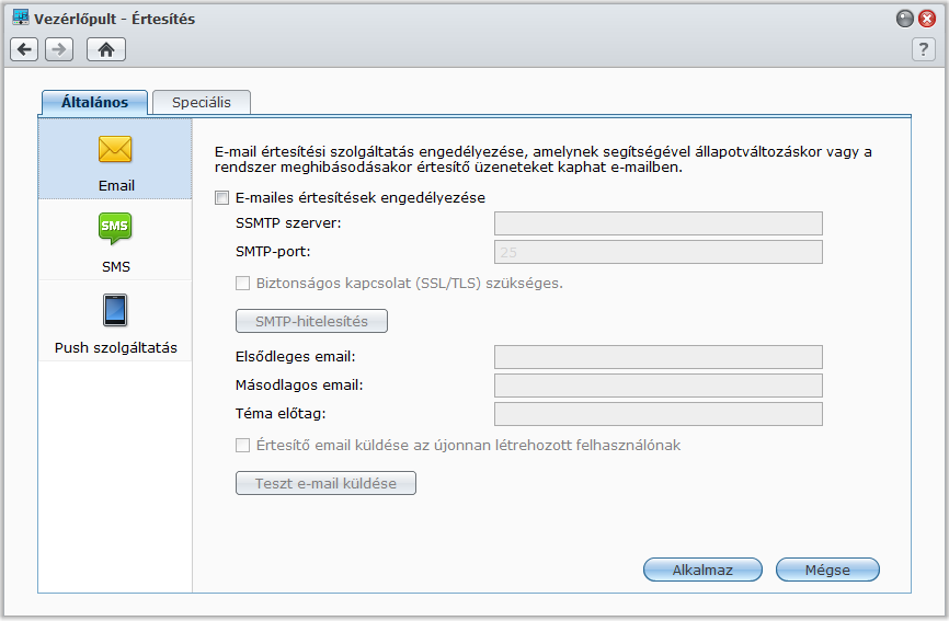 Értesítés fogadása eseményről Menjen a Főmenü > Vezérlőpult > Értesítés menüpontra, és állítsa be, hogy a Synology kiszolgáló e-mailben, mobileszközre, Windows Live Messengeren, illletve Skype-on