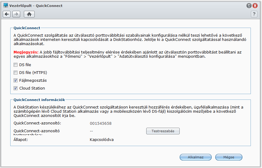 Hozzáférés a DSM szolgáltatásokhoz QuickConnecten át A QuickConnect megoldás segítségével kliensalkalmazások porttovábbítási szabályok felállítása nélkül csatlakozhatnak a Synology kiszolgálóhöz az