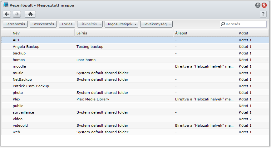 Megosztott mappák beállítása Menjen a Főmenü > Vezérlőpult > Megosztott mappa menüpontra a megosztott mappák kezeléséhez, amik a Synology kiszolgáló gyökérmappái.