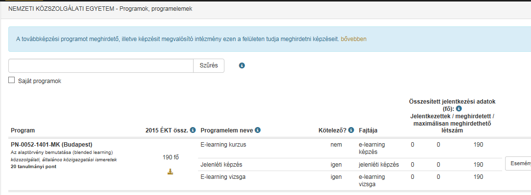 Programok áttekintése A felületről szóló általános tájékoztató után lévő ablakban lehetőség van a program címe vagy címrészlete alapján szűrni a programok között.