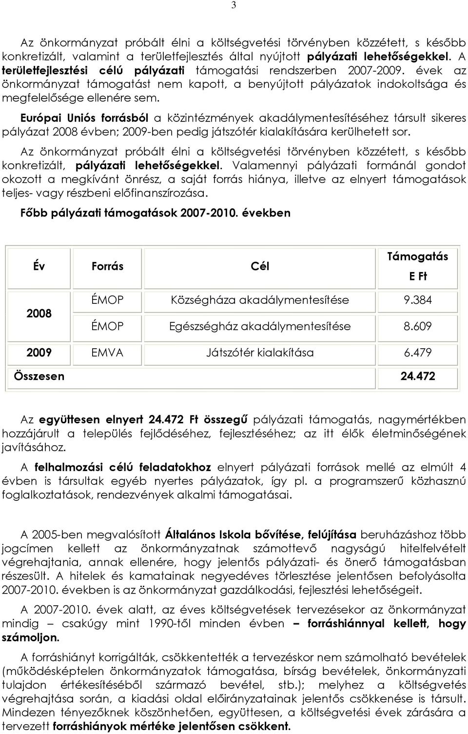 Európai Uniós forrásból a közintézmények akadálymentesítéséhez társult sikeres pályázat 2008 évben; 2009-ben pedig játszótér kialakítására kerülhetett sor.