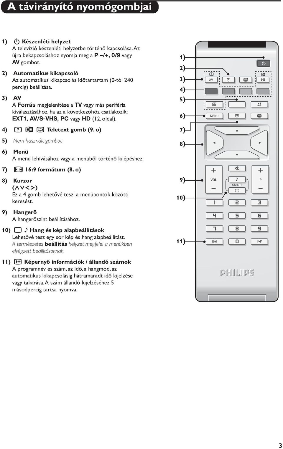 3) AV A Forrás megjelenítése a TV vagy más periféria kiválasztásához, ha az a következőhöz csatlakozik: ET1, AV/S-VHS, PC vagy HD (12. oldal). 4) Ÿ Å Ó Teletext gomb (9. o) 5) Nem használt gombot.