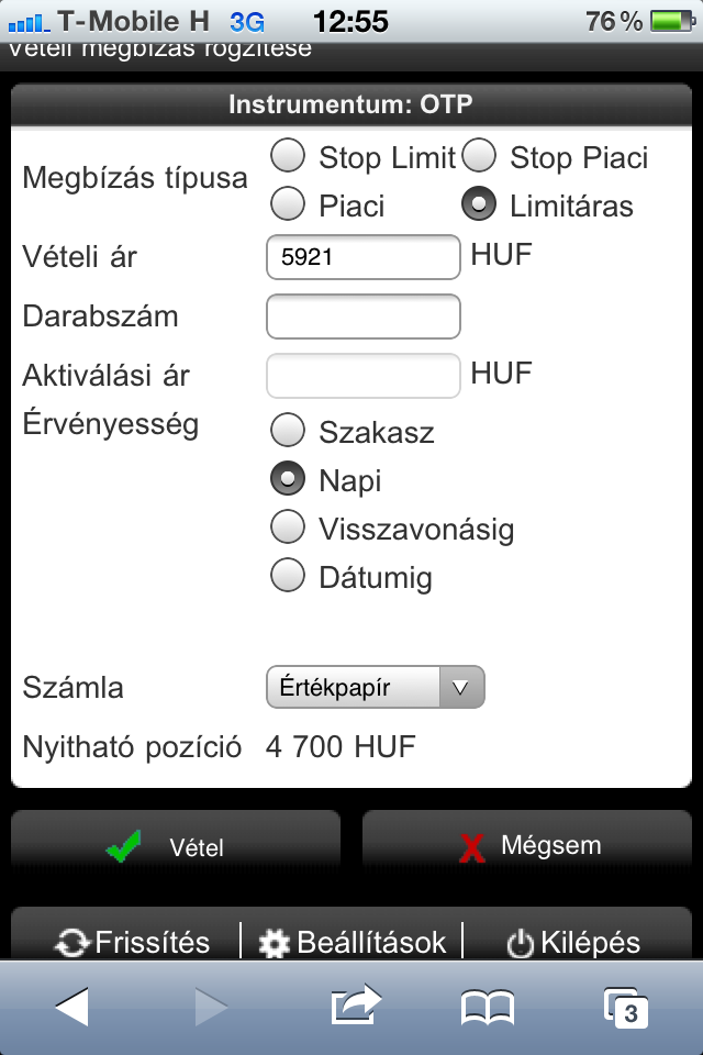 A részvény adatlapján, a grafikon alatt egy nagyítás gomb van. Erre lépve a részvény nagyított napi grafikonja töltődik be.