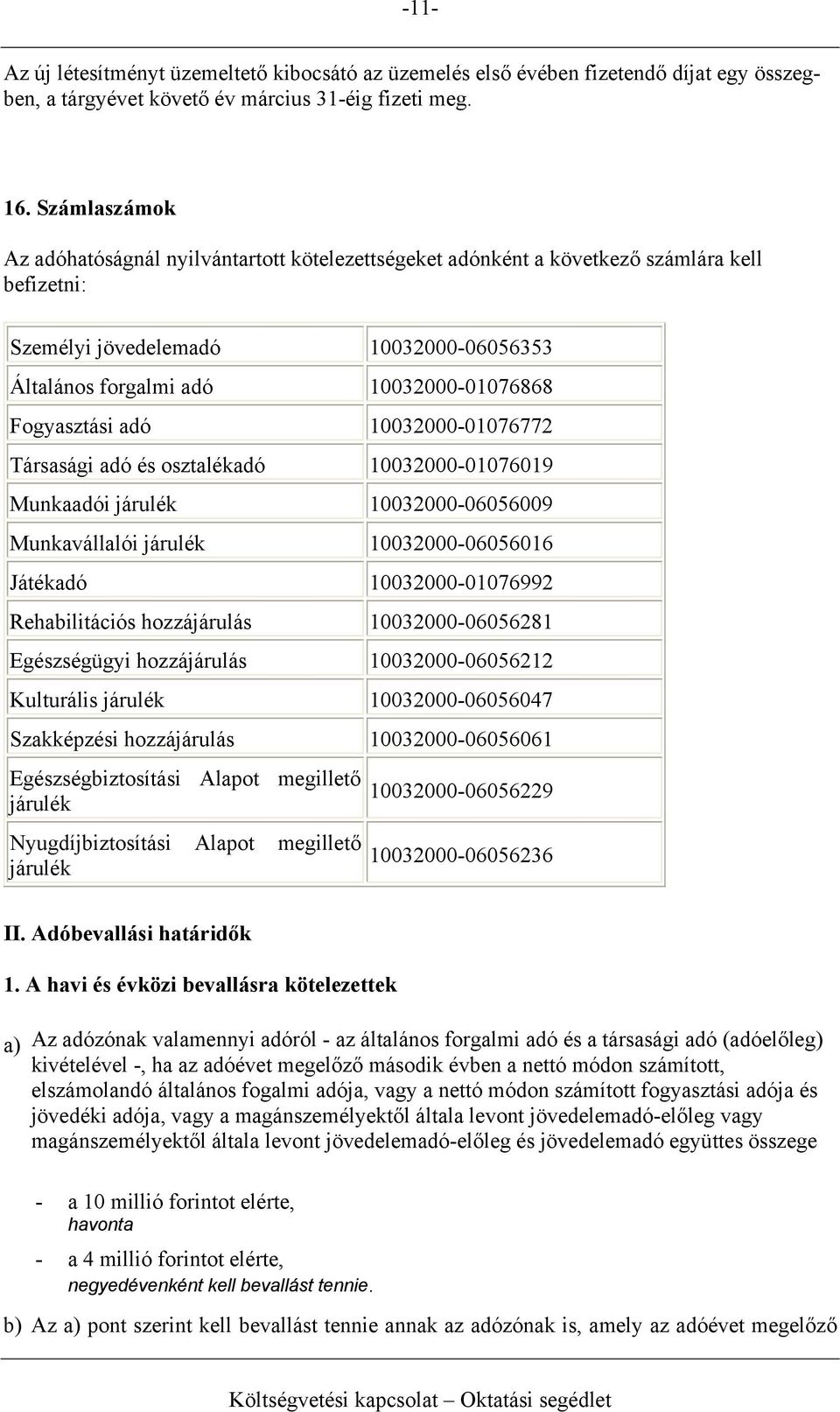 Fogyasztási adó 10032000-01076772 Társasági adó és osztalékadó 10032000-01076019 Munkaadói járulék 10032000-06056009 Munkavállalói járulék 10032000-06056016 Játékadó 10032000-01076992 Rehabilitációs