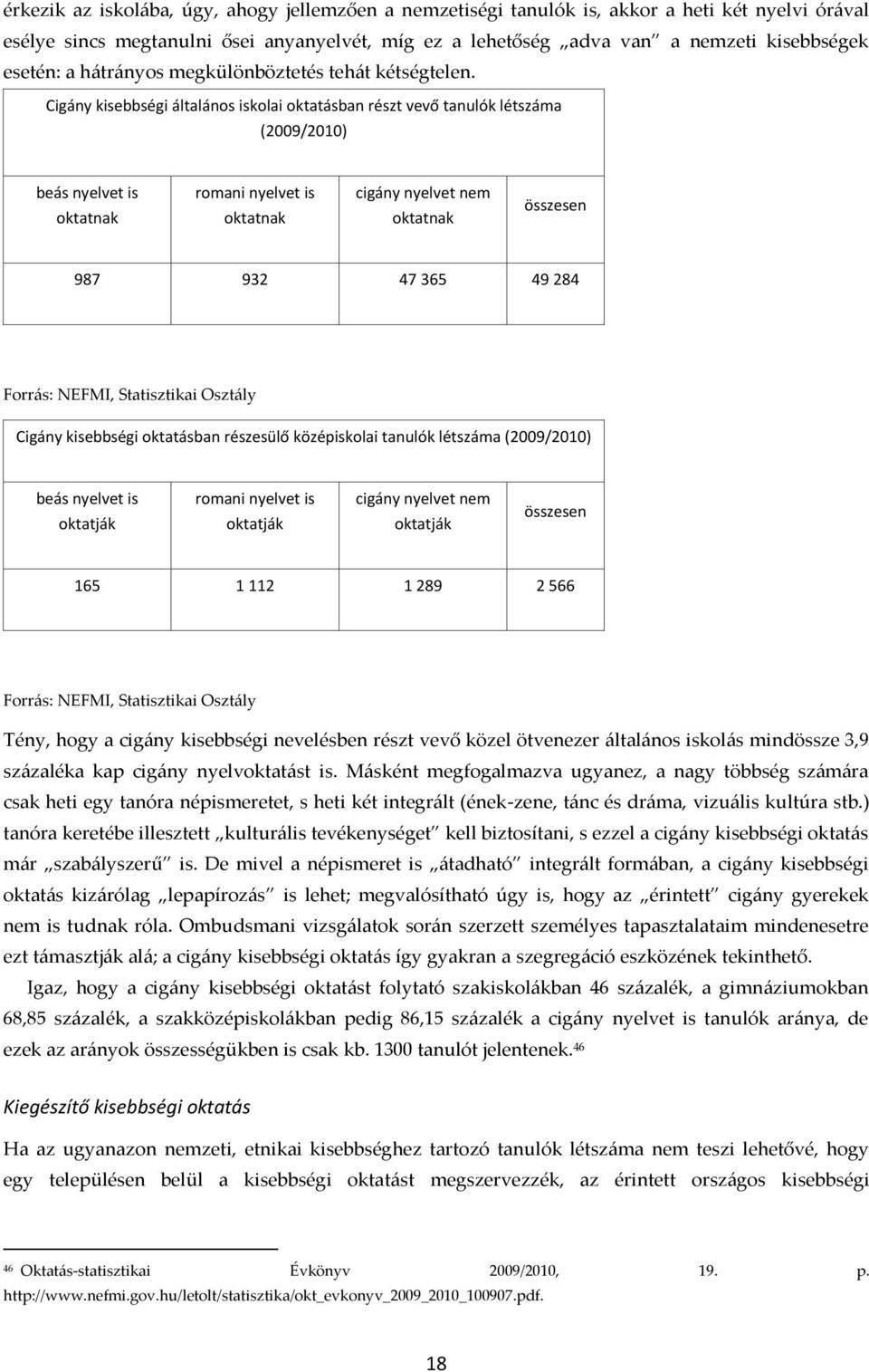 Cigány kisebbségi általános iskolai oktatásban részt vevő tanulók létszáma (2009/2010) beás nyelvet is oktatnak romani nyelvet is oktatnak cigány nyelvet nem oktatnak összesen 987 932 47 365 49 284