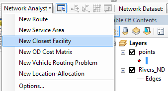 NEW CLOSEST FACILITY I. A Network Analyst legördülő menüjéből válasszuk ki a New Closest Facility menüpontot. És egyúttal jelenítsük meg a Network Analyst ablakot.