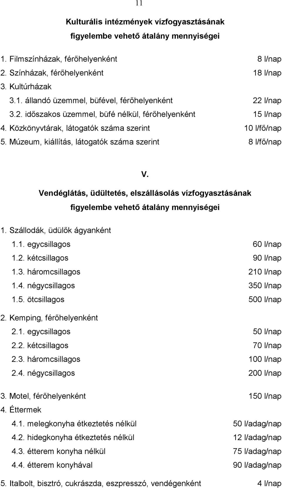 Vendéglátás, üdültetés, elszállásolás vízfogyasztásának figyelembe vehetı átalány mennyiségei 1. Szállodák, üdülık ágyanként 1.1. egycsillagos 60 l/nap 1.2. kétcsillagos 90 l/nap 1.3.