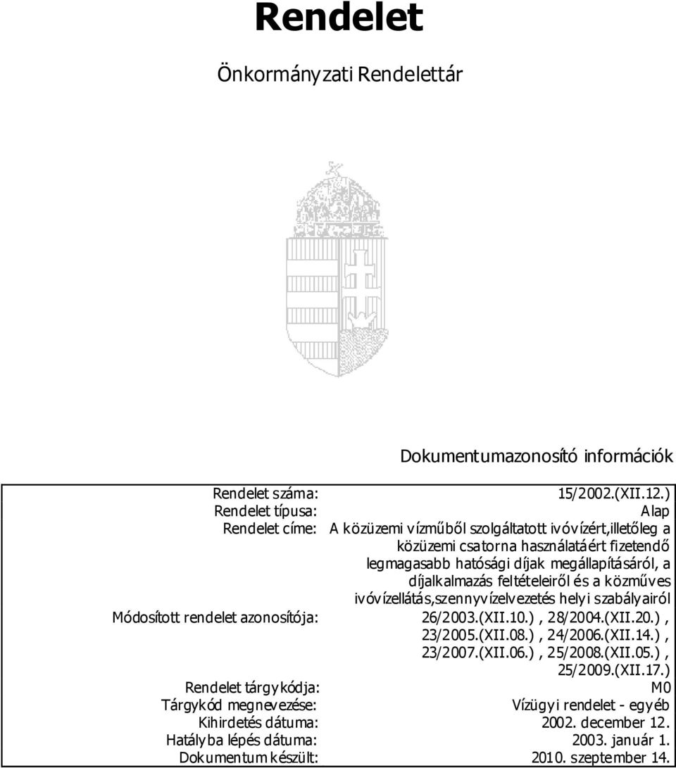 a díjalkalmazás feltételeiről és a közműves ivóvízellátás,szennyvízelvezetés helyi szabályairól Módosított rendelet azonosítója: 26/2003.(XII.10.), 28/2004.(XII.20.), 23/2005.(XII.08.