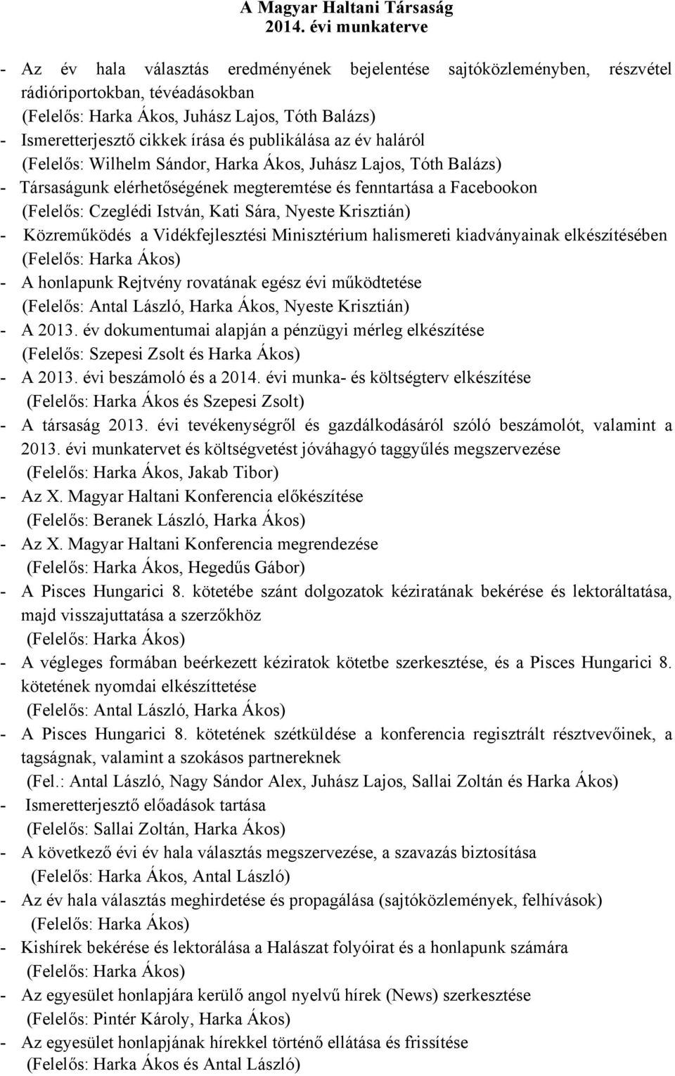 írása és publikálása az év haláról (Felelős: Wilhelm Sándor, Harka Ákos, Juhász Lajos, Tóth Balázs) - Társaságunk elérhetőségének megteremtése és fenntartása a Facebookon (Felelős: Czeglédi István,