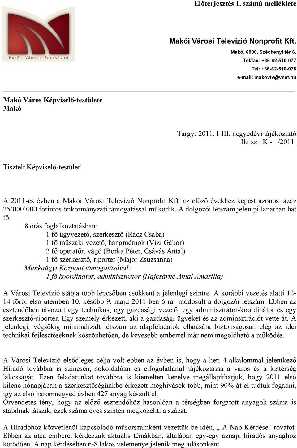 8 órás foglalkoztatásban: 1 fő ügyvezető, szerkesztő (Rácz Csaba) 1 fő műszaki vezető, hangmérnök (Vizi Gábor) 2 fő operatőr, vágó (Borka Péter, Csávás Antal) 1 fő szerkesztő, riporter (Major