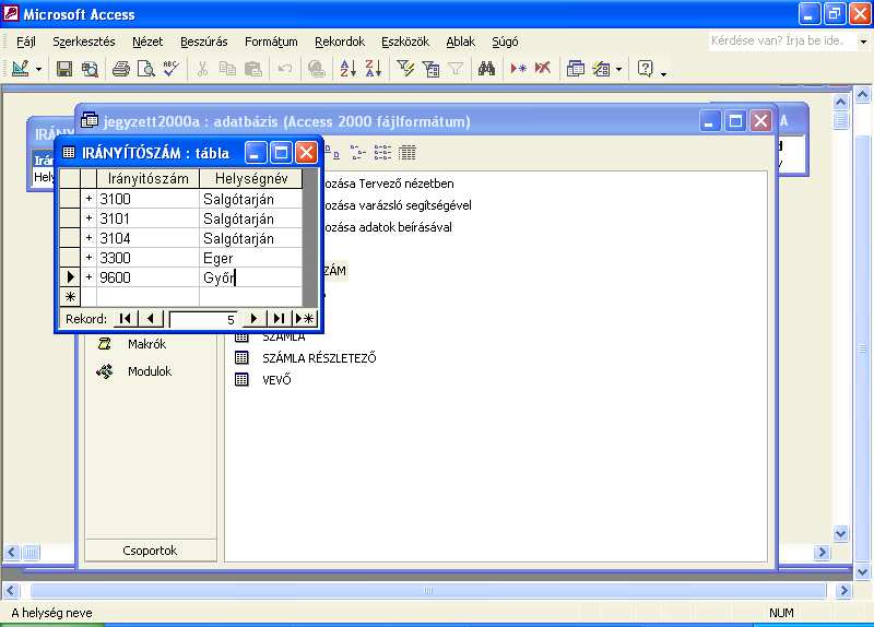 : www.pszfsalgo.hu, : radigyorgy@gmail.com, : 30/644-5111 MS-ACCESS XP Nyissuk meg az IRÁNYÍTÓSZÁM táblát és rögzítsük az adatokat!