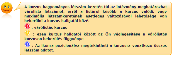 Várólista rangsoros jelentkezés miatt Előzetes és/vagy rangsoros tárgyjelentkezés eredményeként az adott kurzusra szintén várólistára kerül, ilyen esetben a létszám ikon mellett is ez a piros,