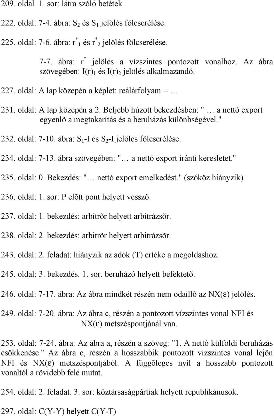 Beljebb húzott bekezdésben: " a nettó export egyenlõ a megtakarítás és a beruházás különbségével." 232. oldal: 7-10. ábra: S 1 -I és S 2 -I jelölés fölcserélése. 234. oldal: 7-13.