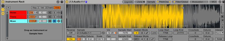 a sampling modulban levő nyögésből készült lábdobból a synthesis során létrehozott tranziensből a synthesis során létrehozott noise-ból A