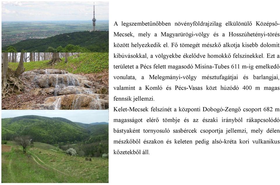 Ezt a területet a Pécs felett magasodó Misina-Tubes 611 m-ig emelkedő vonulata, a Melegmányi-völgy mésztufagátjai és barlangjai, valamint a Komló és Pécs-Vasas közt húzódó