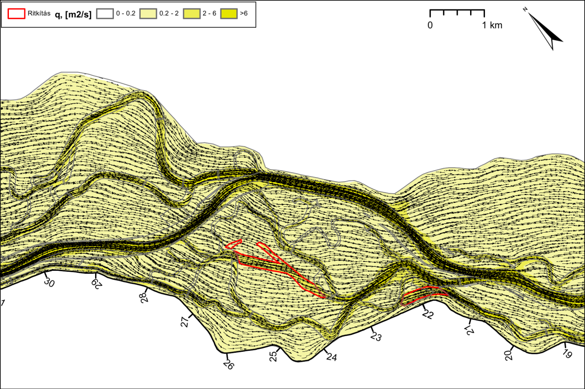 ábra: A hullámtér-ritkítás és a lokális kotrások együttes megvalósulása esetén kialakuló áramkép és fajlagos vízhozamok az NQ1% vízhozamú árvíz tetőzése idején, a Bagoméri-ágrendszerben és a medvei