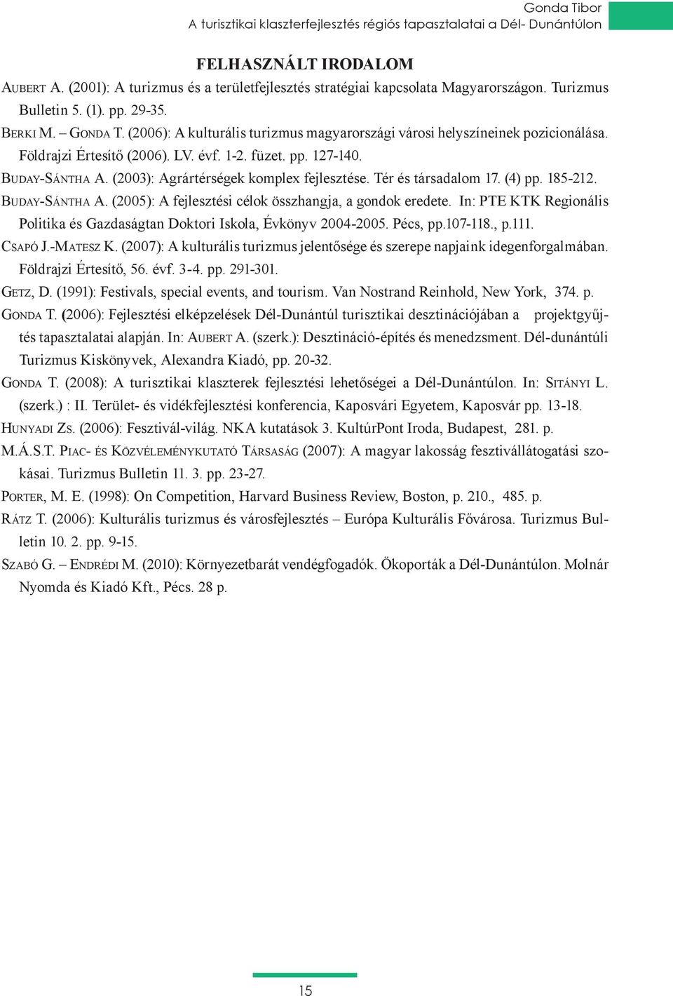 Buday-Sántha A. (2003): Agrártérségek komplex fejlesztése. Tér és társadalom 17. (4) pp. 185-212. Buday-Sántha A. (2005): A fejlesztési célok összhangja, a gondok eredete.