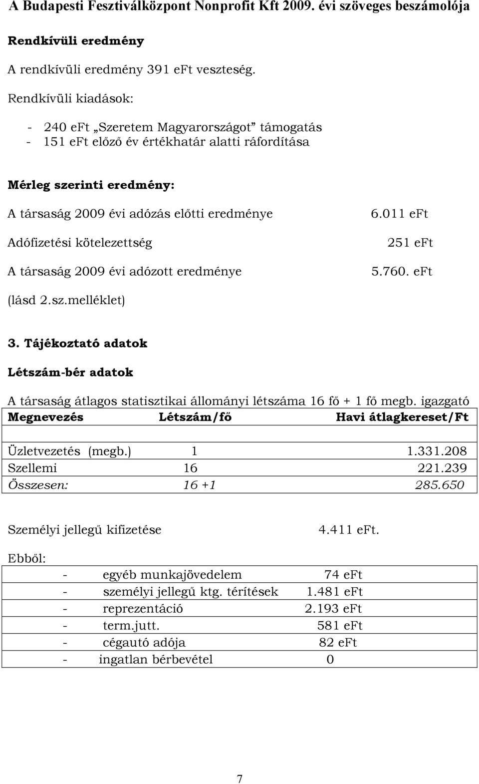 kötelezettség A társaság 2009 évi adózott eredménye 6.011 eft 251 eft 5.760. eft (lásd 2.sz.melléklet) 3.