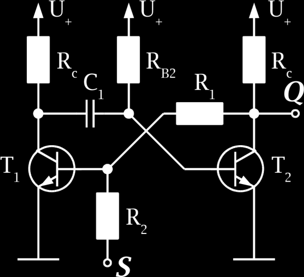 2. Bistabil multivibrátor (flip-flop) A bistabil billenőkör áramköri megvalósítása a 2. ábrán látható. Tekintsük át a működését! Alapállapotban sem az S sem az R bemenetre nem adunk jelet.