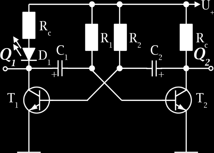 4. Astabil multivibrátor A multivibrátorok, mint két-állapotú elektronikai áramkörök, kiválóan alkalmasak négyszögjelek generálására. Egy tipikus astabil multivibrátor sémája látható a 6. ábrán.