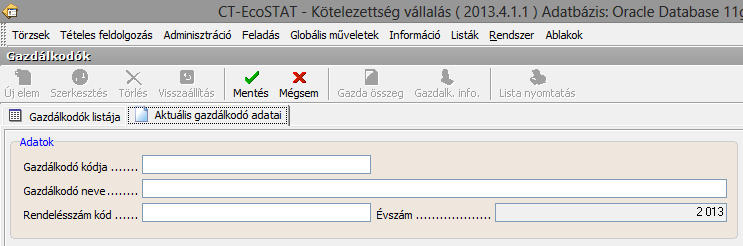 Az Új elem gombra kattintva vagy az F2-es billentyű megnyomásával kezdeményezhetjük új gazdálkodó felvitelét. A gazdálkodó nevét és kódját kötelező kitölteni.